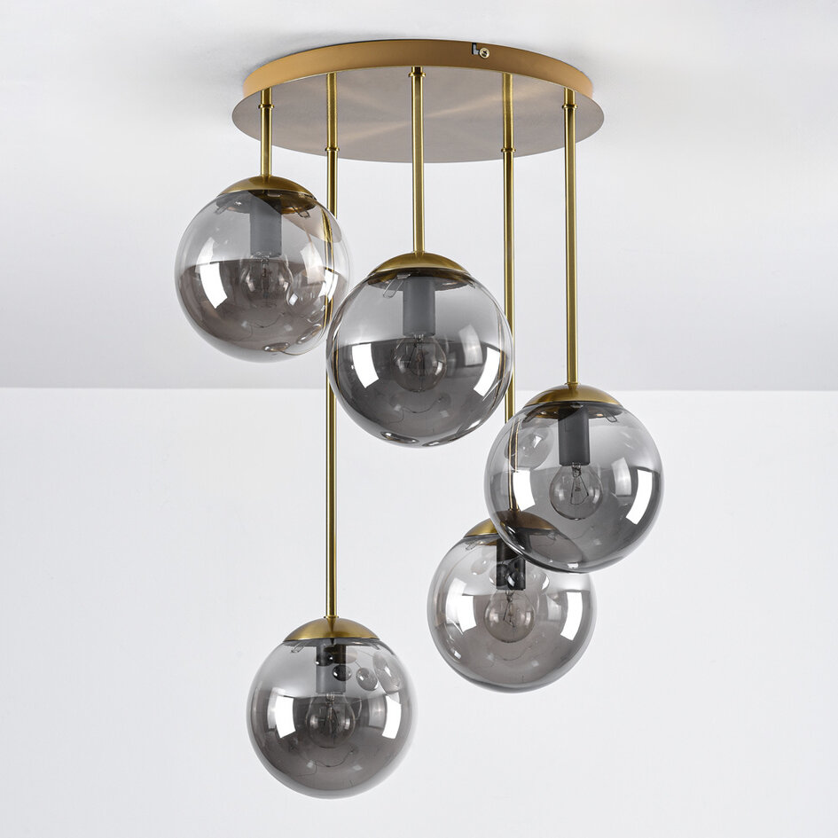 Ronde plafondlamp goud met smoke glas, 5-lichts - Carat