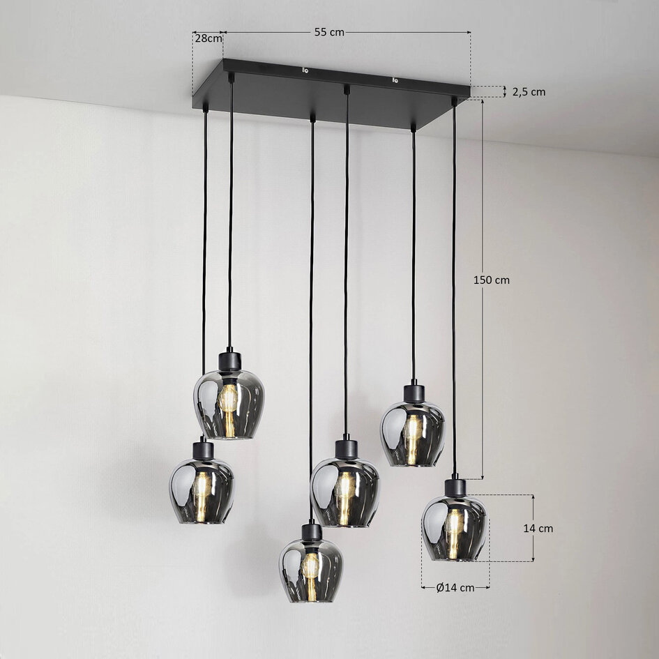 6-lichts hanglamp Arvada - smoke glas