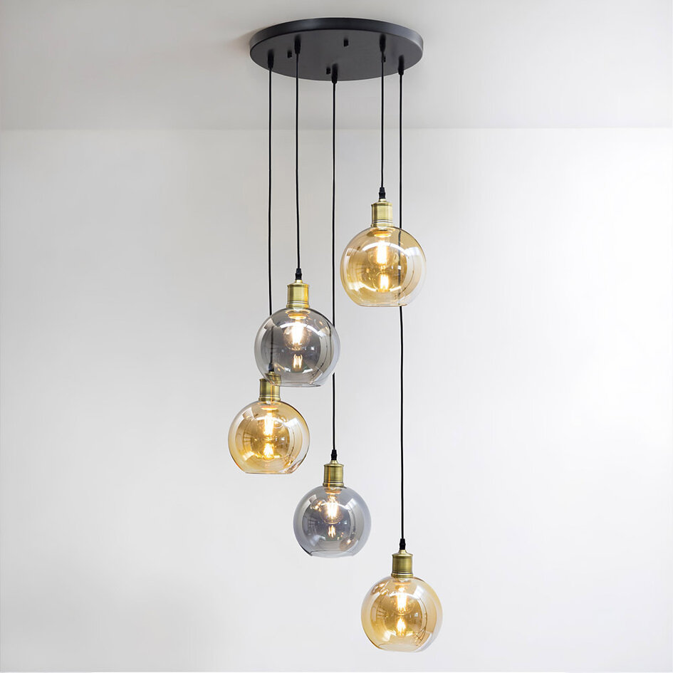 Hanglamp 5-lichts met smoke en amber glas - Lyana
