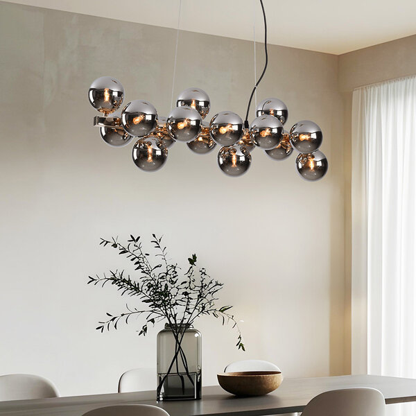 16-lichts hanglamp Sunita - smoke glas met spiegeleffect en goud
