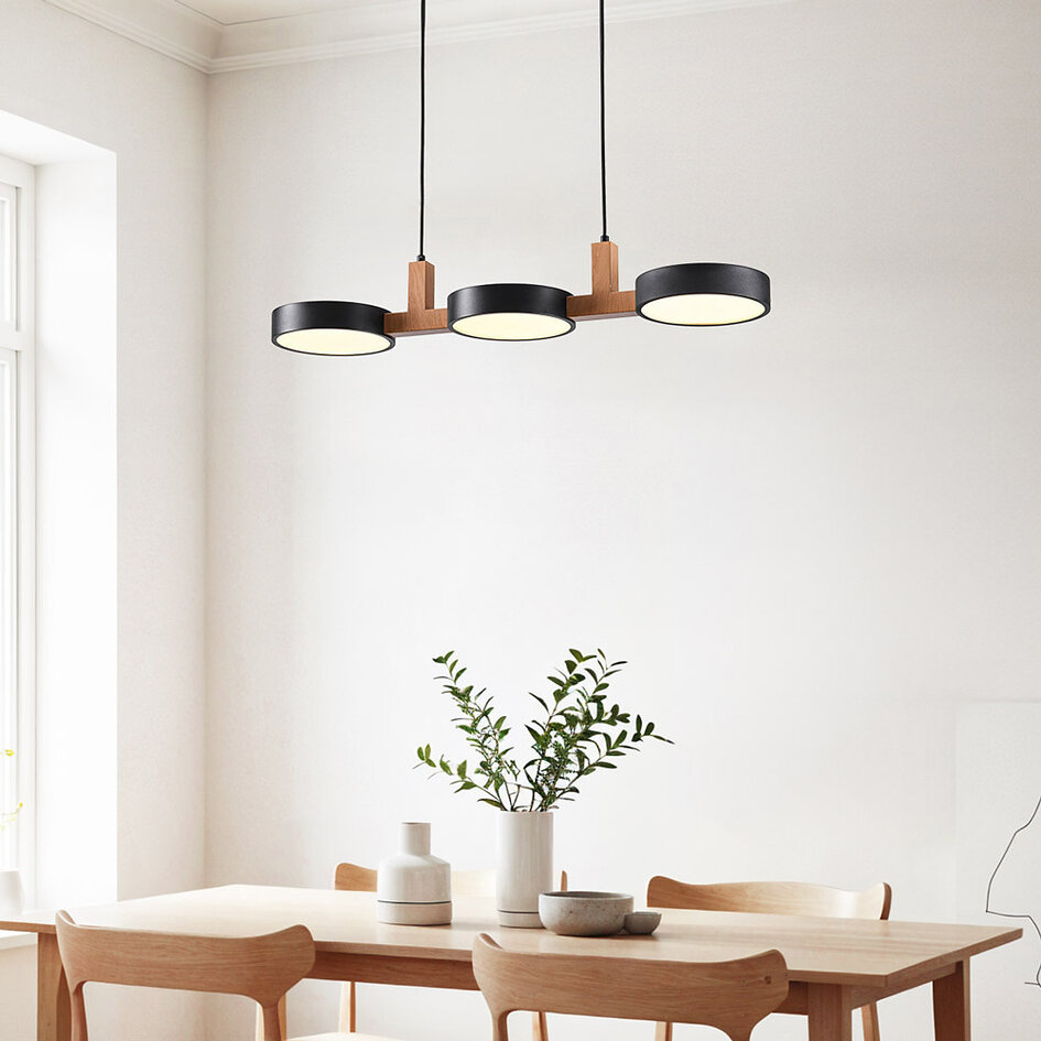 Lampe suspendue design avec LED intégrées noire avec à l’aspect bois chaleureux. - Aristo