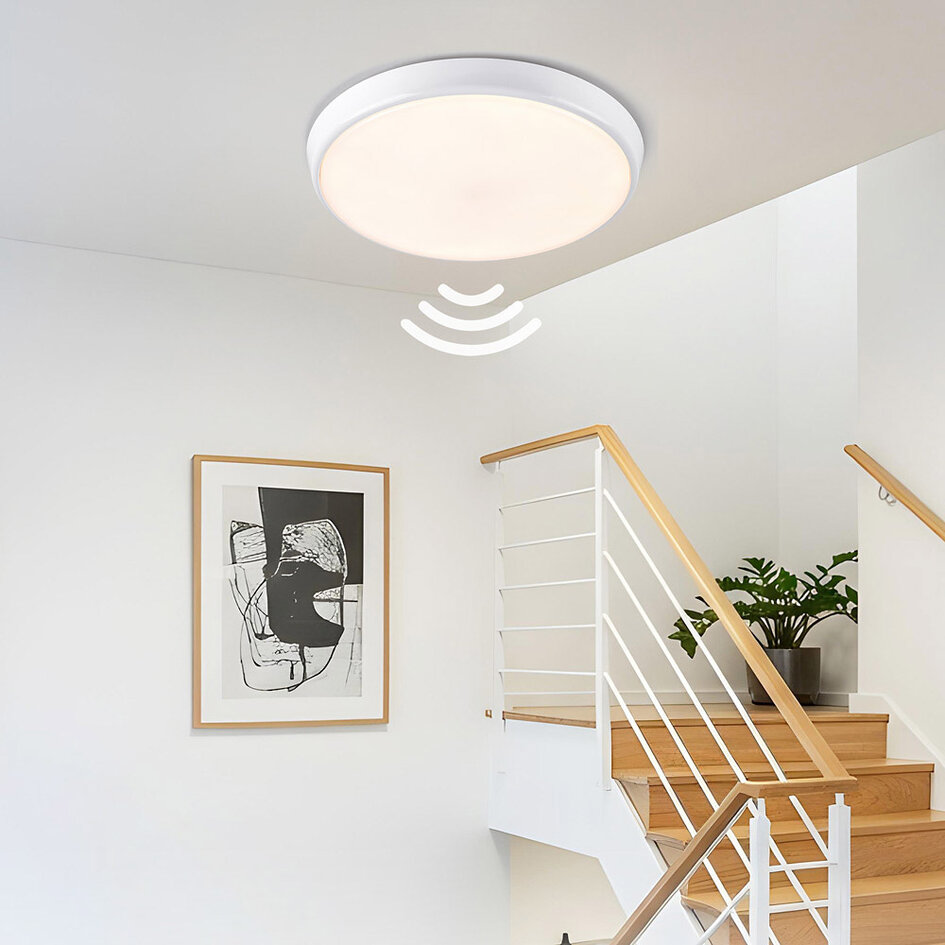 Plafonnière wit Ø35,2 cm met noodunit en sensor - CCT switch 3000K/4000K/6000K