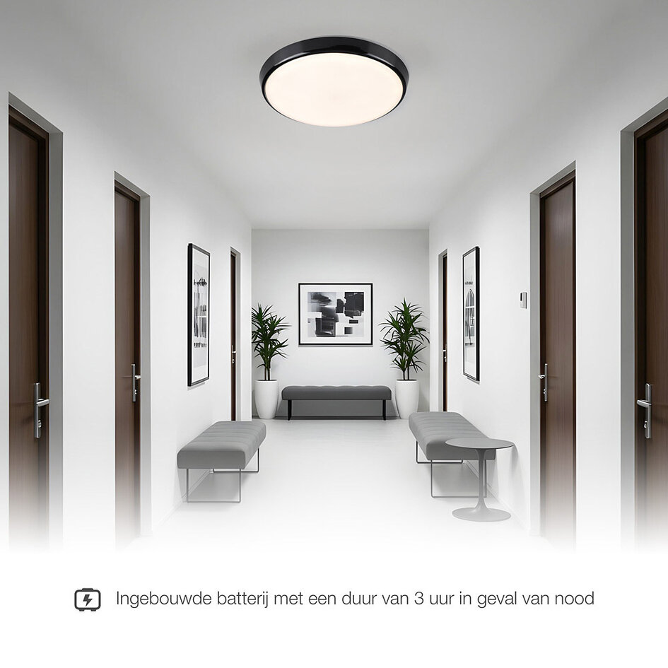Plafonnière zwart Ø35,2 cm met noodunit - CCT switch 3000K/4000K/6000K