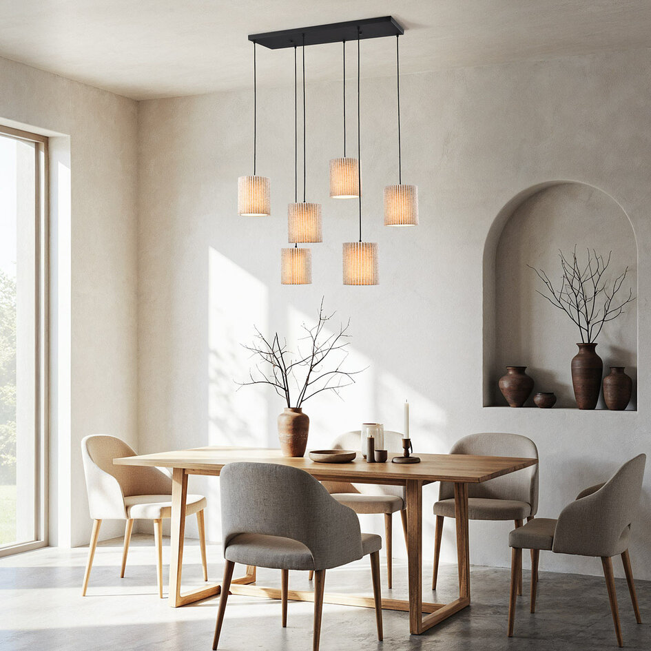 6-lichts hanglamp met beige stoffen lampenkappen - Vouw