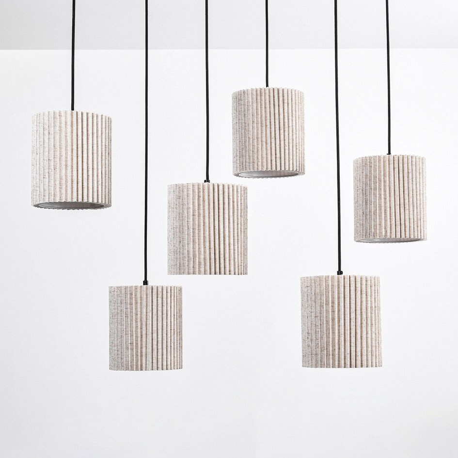 6-lichts hanglamp met beige stoffen lampenkappen - Vouw