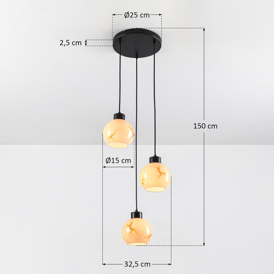 3-lichts hanglamp mat zwart met marmerlook - Marmore