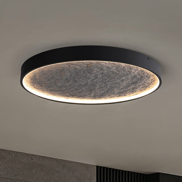 Plafondlamp zwart Cercul met 3-staps dimbare LEDs en grijs steeneffect, Ø60 cm, 29W