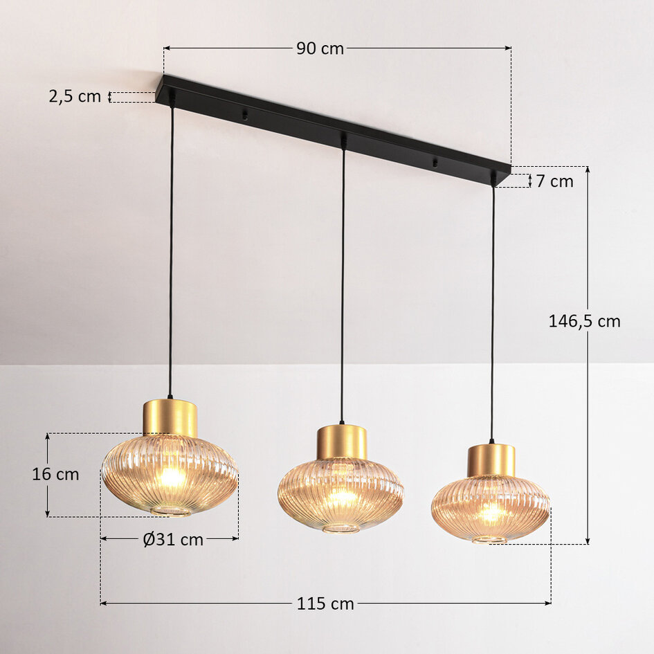 Suspension trois lumières avec verre ambré - Imara