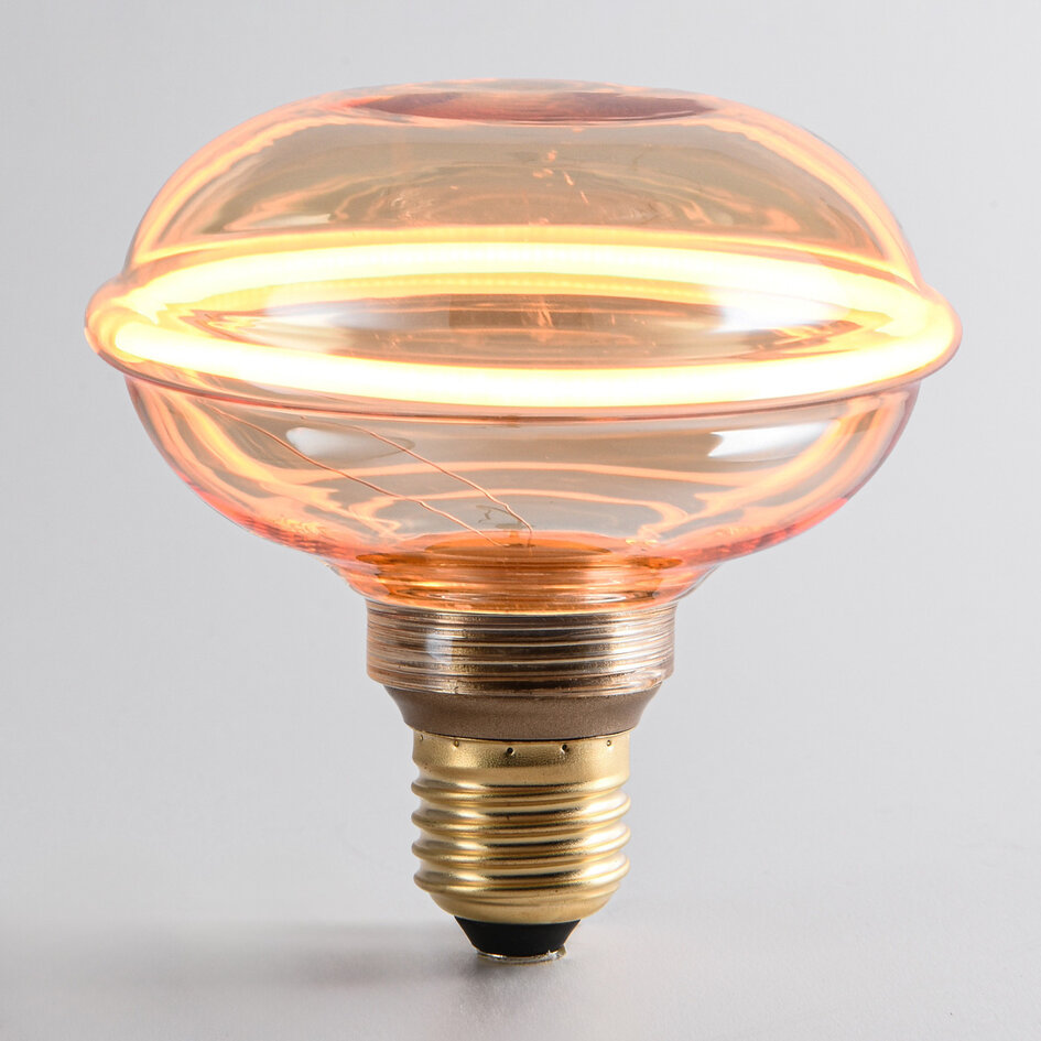 Ampoule à filament UFO E27 4W dimmable, Ø10 cm, 1800K, verre ambré avec anneau horizontal