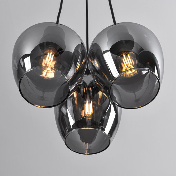 Lampe suspendue design noire Ventura avec verre fumé, 3 lumières