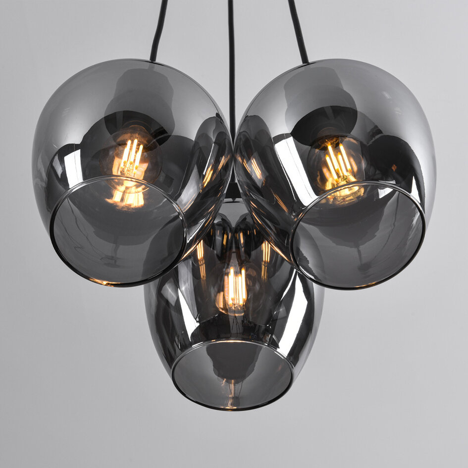 Lampe suspendue design noire Ventura avec verre fumé, 3 lumières