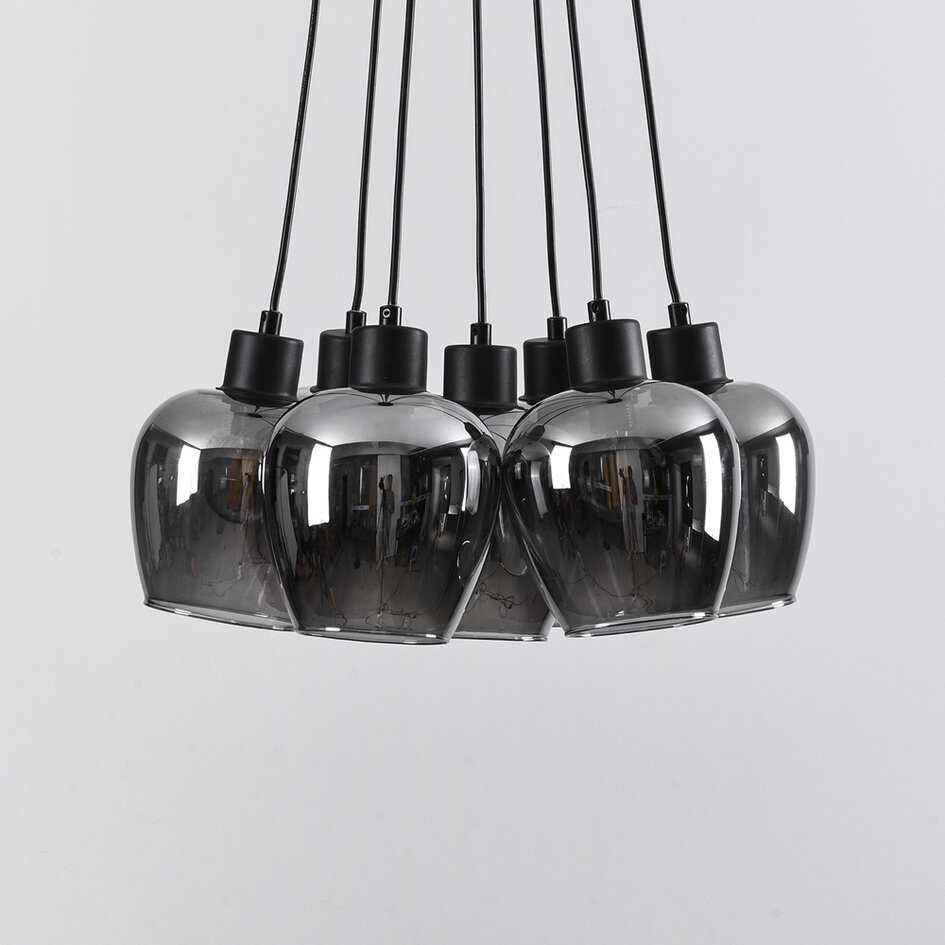 Suspension 7 lumières noire avec verre fumé - Ventura