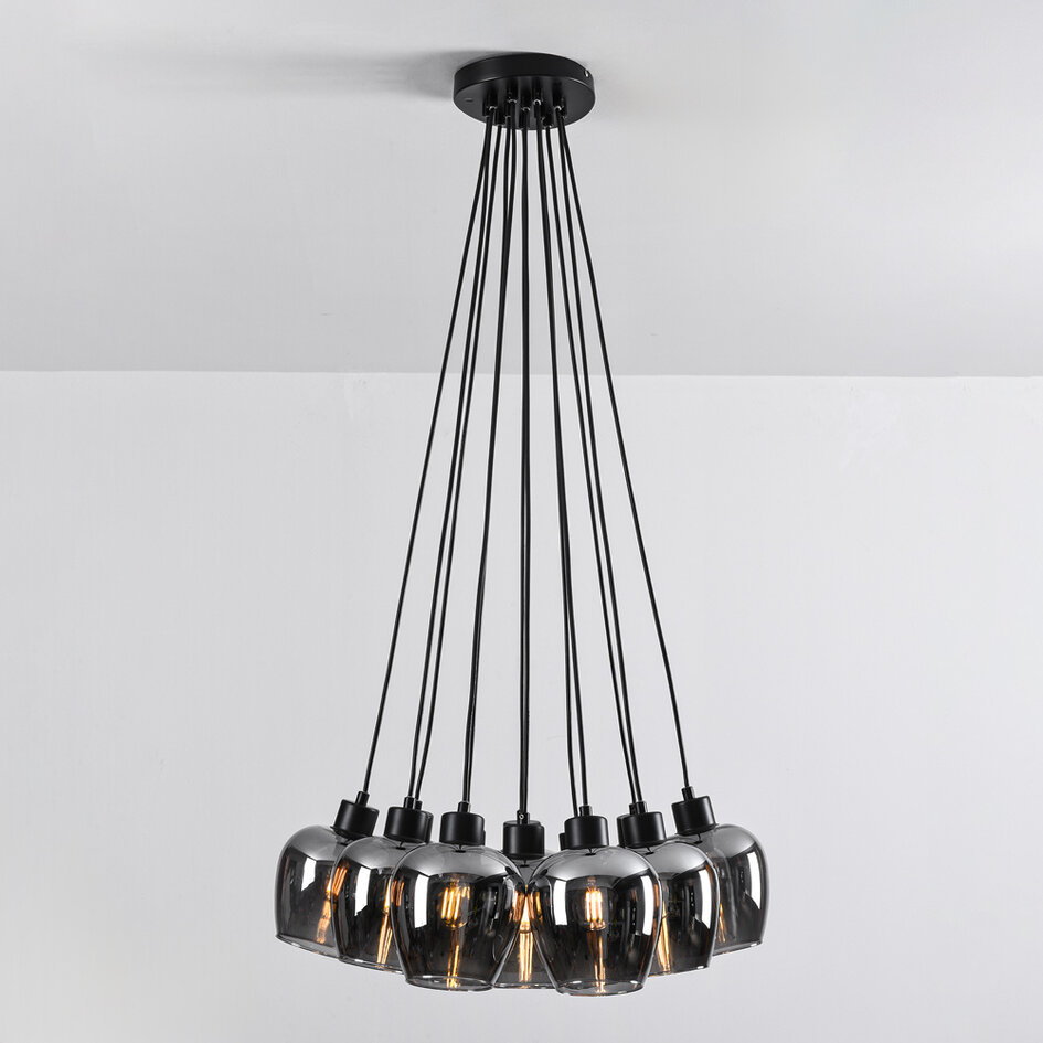 12-lichts design hanglamp zwart met smoke glas - Ventura
