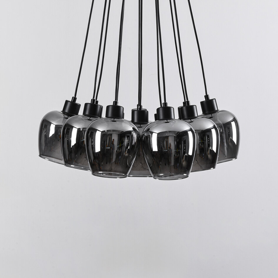 12-lichts hanglamp Ventura - zwart en smoke glas