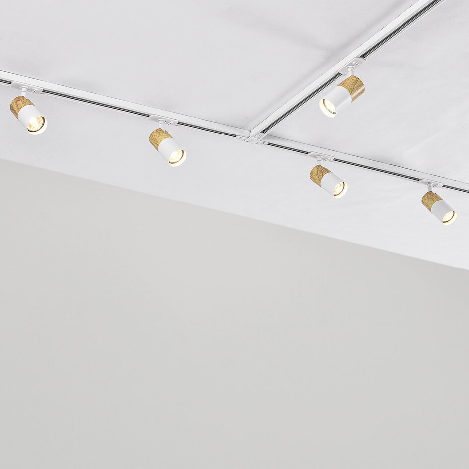 Spot sur rail monophasé blanc avec aspect bois de chêne - Linn