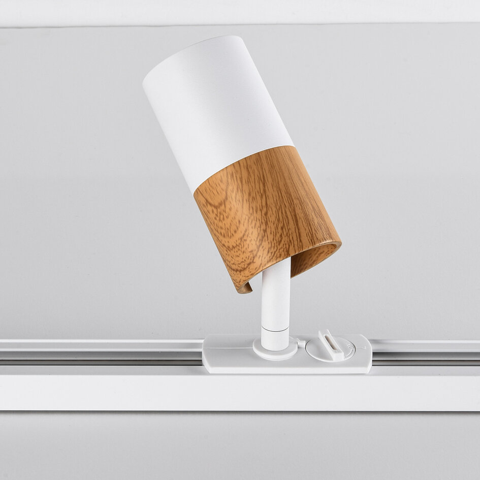 Spot sur rail monophasé blanc aspect bois acajou - Linn