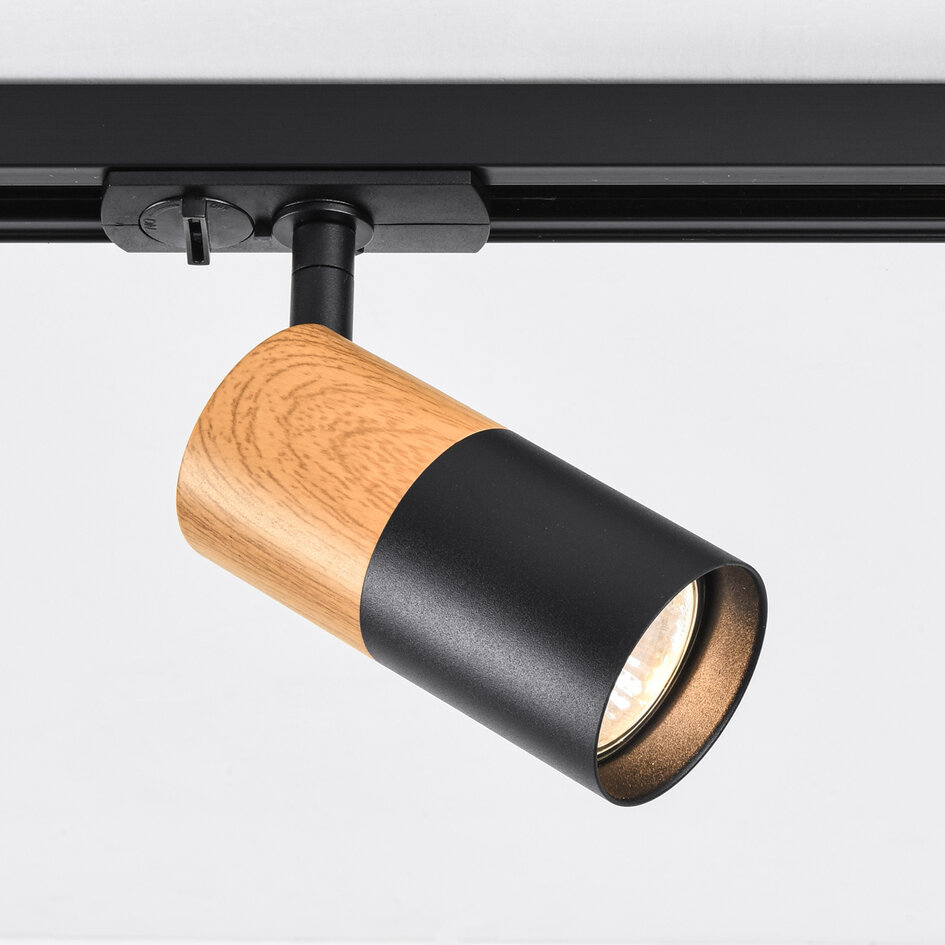 Spot sur rail monophasé noir avec aspect bois acajou - Linn