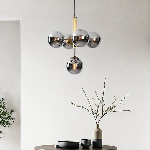 Suspension moderne, 5 lumières Kenji - verre fumé à effet miroir