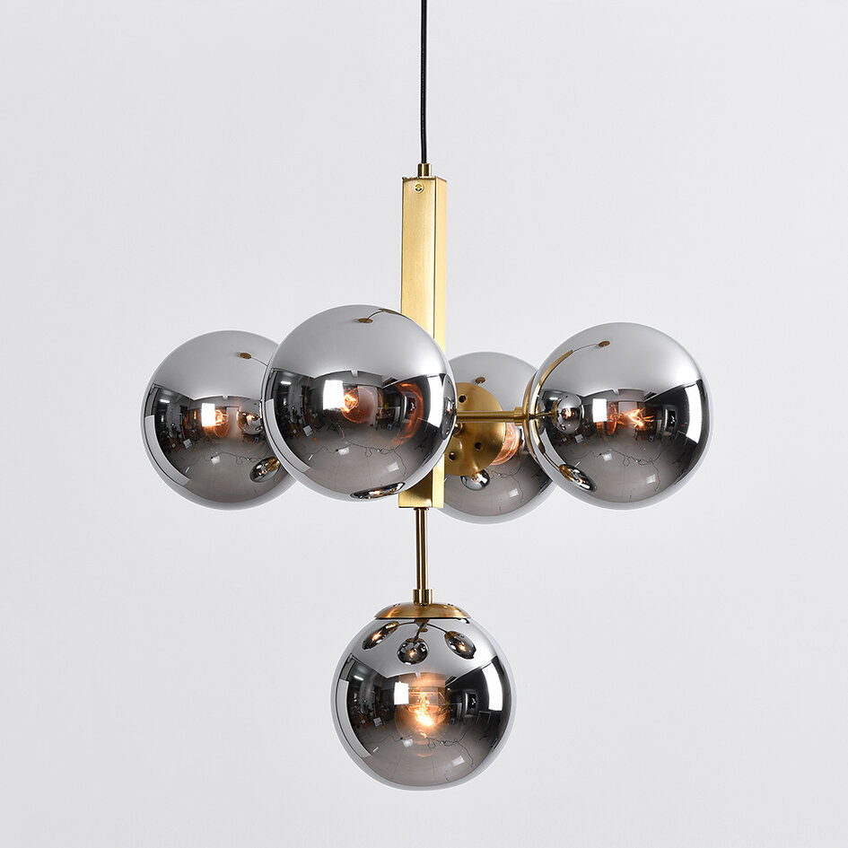 5-lichts hanglamp Kenji - smoke glas met spiegeleffect en goud
