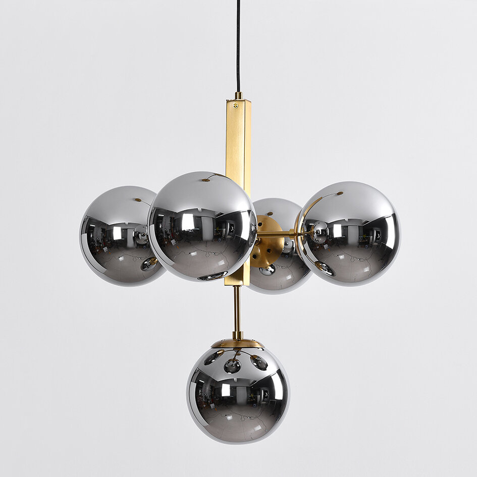 Suspension à 5 lumières Kenji - verre fumé effet miroir, doré