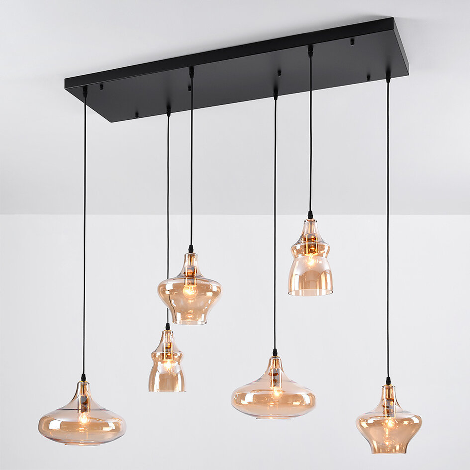 Lampe suspendue design à 6 lumières Trinidad noir avec verre ambré