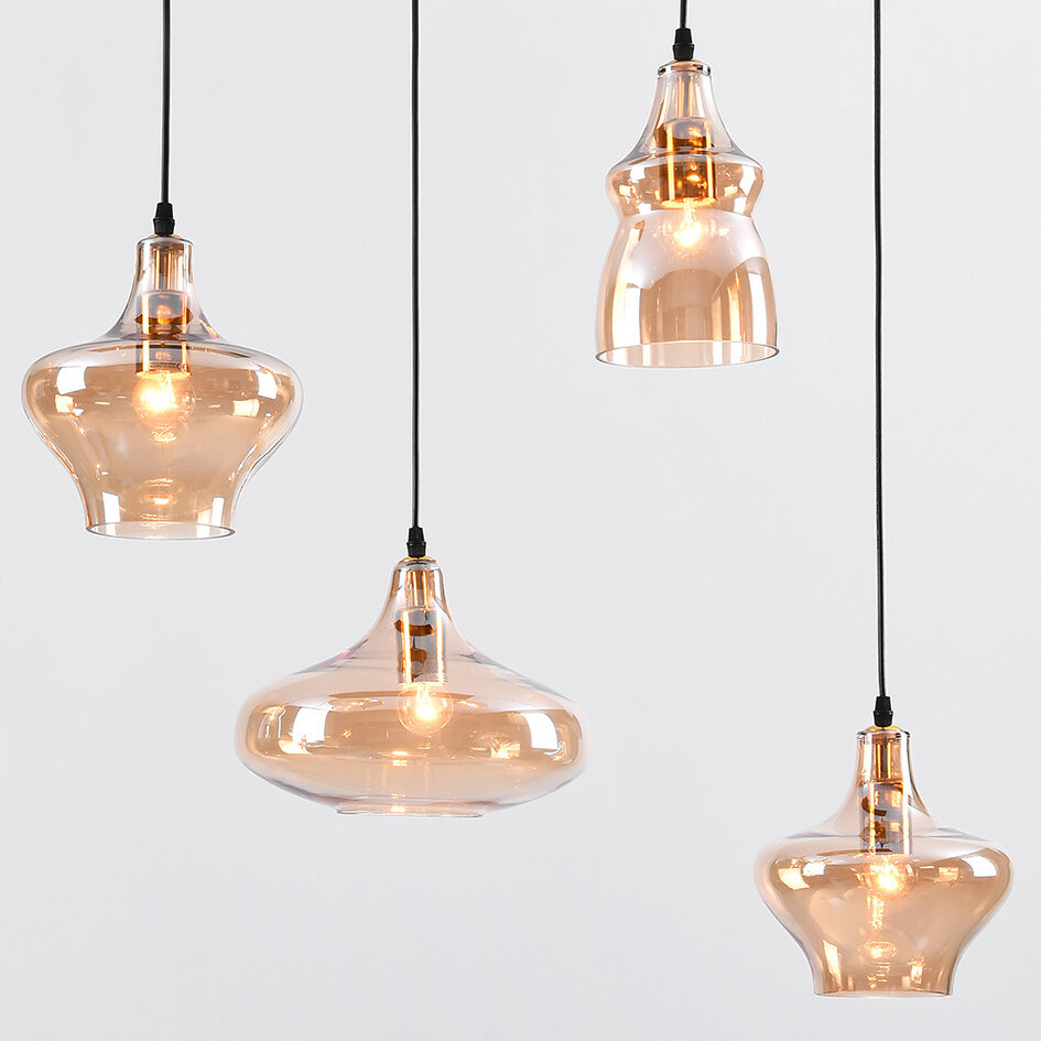 Lampe suspendue design à 6 lumières Trinidad noir avec verre ambré