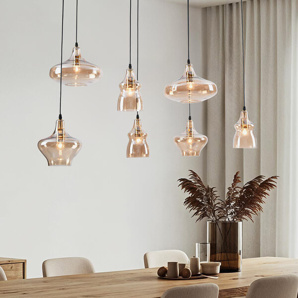 Lampe suspendue 7 lumières noire avec verre ambré - Trinidad