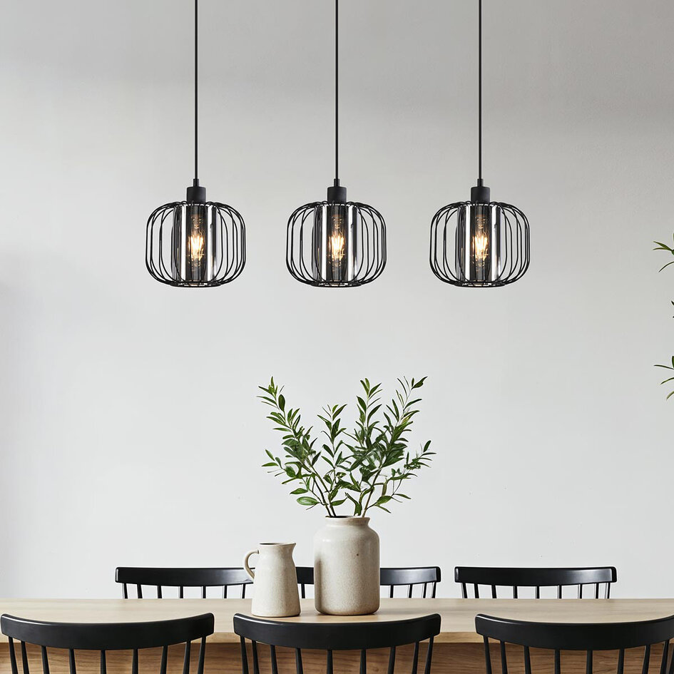 Lampe suspendue Dilan avec verre fumé, 3-lumières - noir