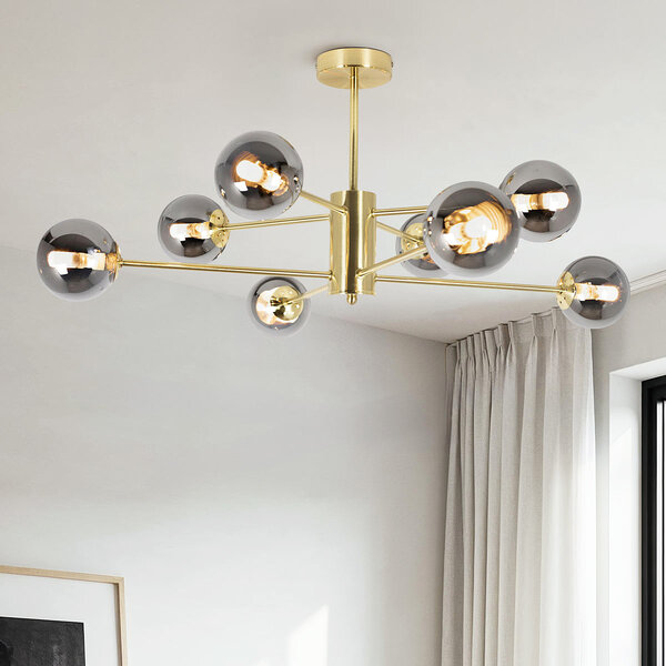 Design zandgouden plafondlamp met smoke glas - 8-lichts Idaho