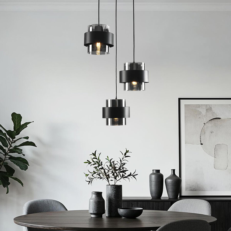 Zwarte hanglamp Fynna met rookglas, 3-lichts