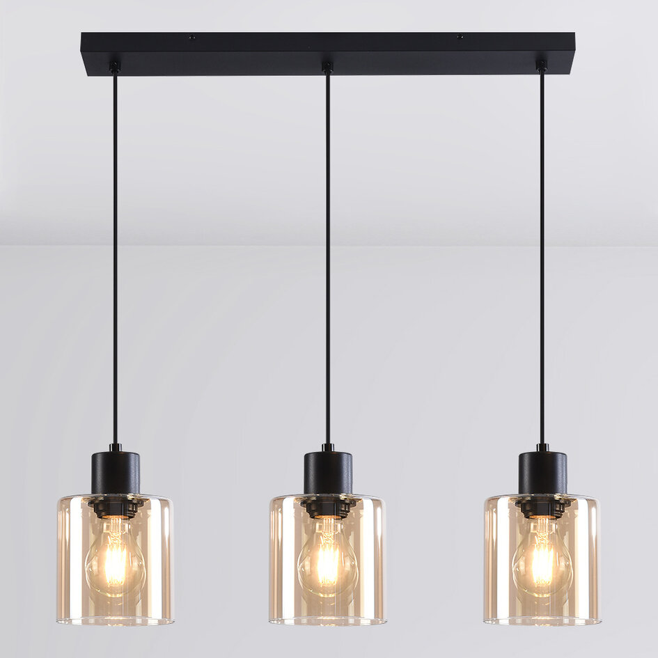 Suspension noire 3 lumières en verre ambré - Palaio