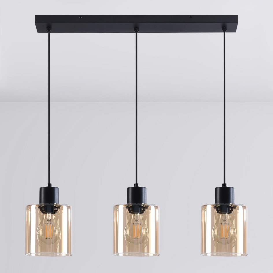 Suspension noire 3 lumières en verre ambré - Palaio