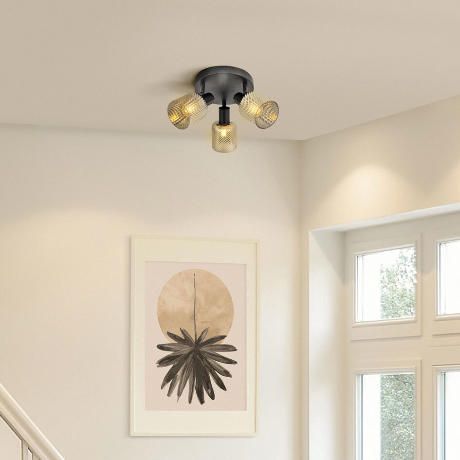 Mat zwarte plafondspot met smoke grijs glas  3 spots - Jersey