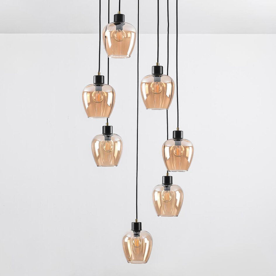 7-lichts hanglamp zwart met amber glas - Hollister