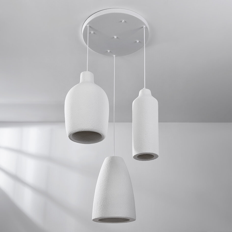 3-lichts moderne Wabi Sabi hanglamp met steeneffect wit - Kage