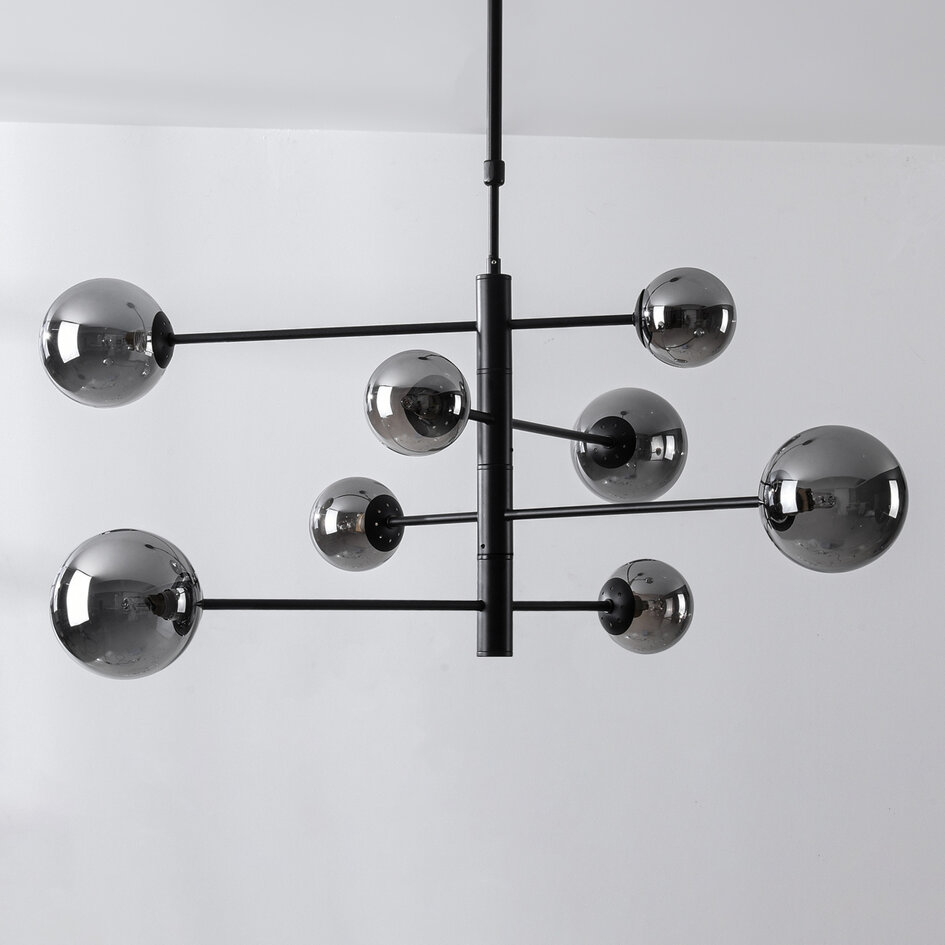 8-lichts plafondlamp Oito - zwart en smoke glas