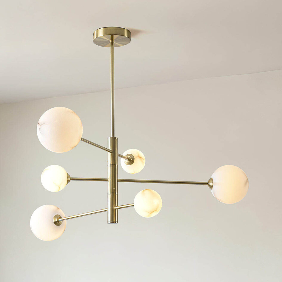 Plafonnier Sest or avec sphères en marbre, 6 lumières