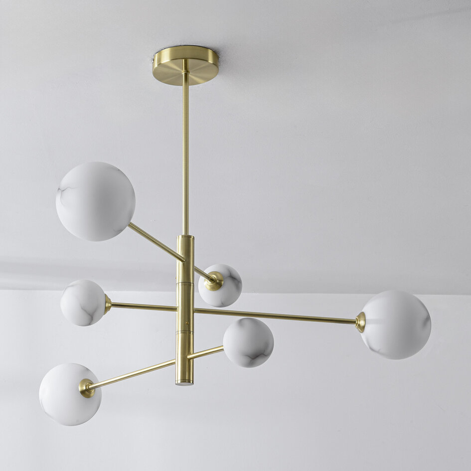 Plafondlamp Sest goud met marmerlook bollen, 6-lichts