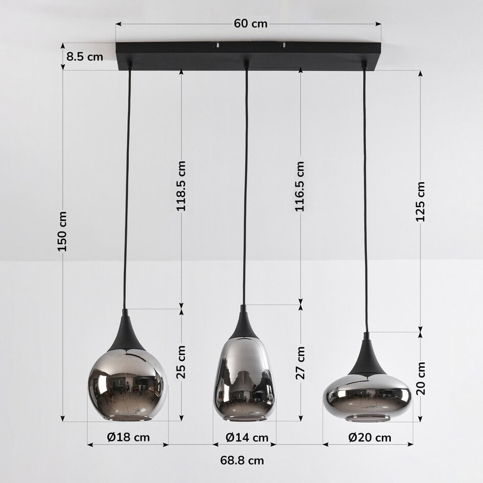 Suspension Lovi 3 lumières - noir, verre fumé gris et effet miroir