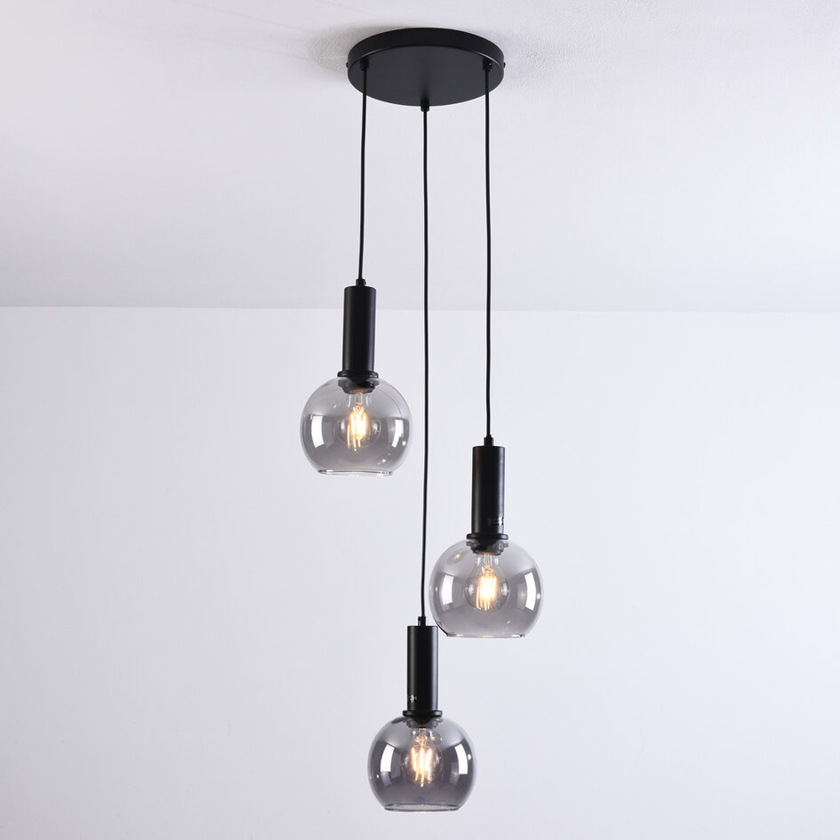Lampe suspendue noire avec verre fumé, 3 lumières - Imme