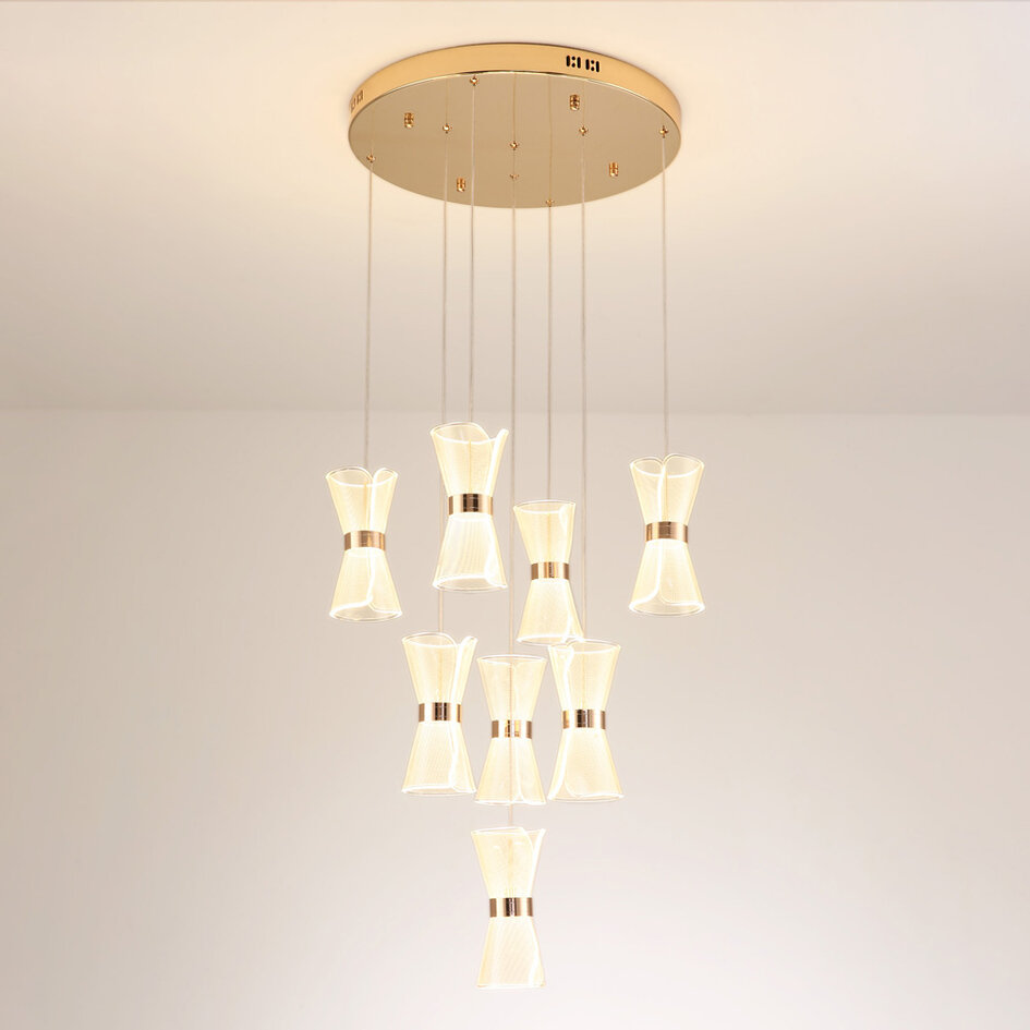 8-lichts hanglamp Aegea - witte hangers met gouden details en geïntegreerde LED