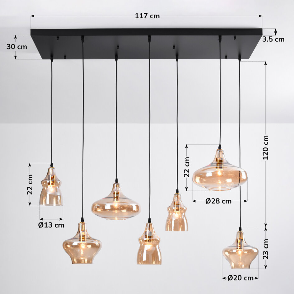 Suspension 7 lumières Trinidad - noir et verre ambré