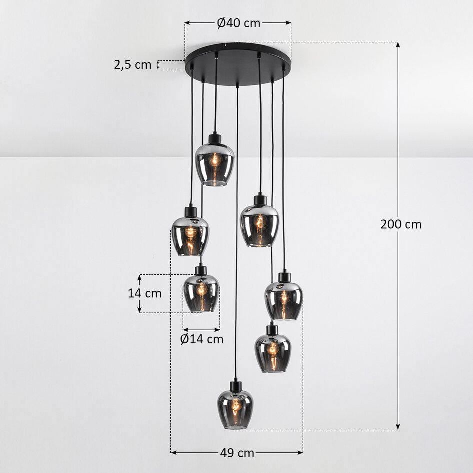 7-lichts hanglamp zwart met smoke grijs glas - Hollister