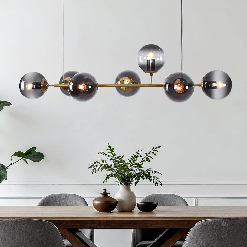 7-lichts design hanglamp Sette - rookglas en goud