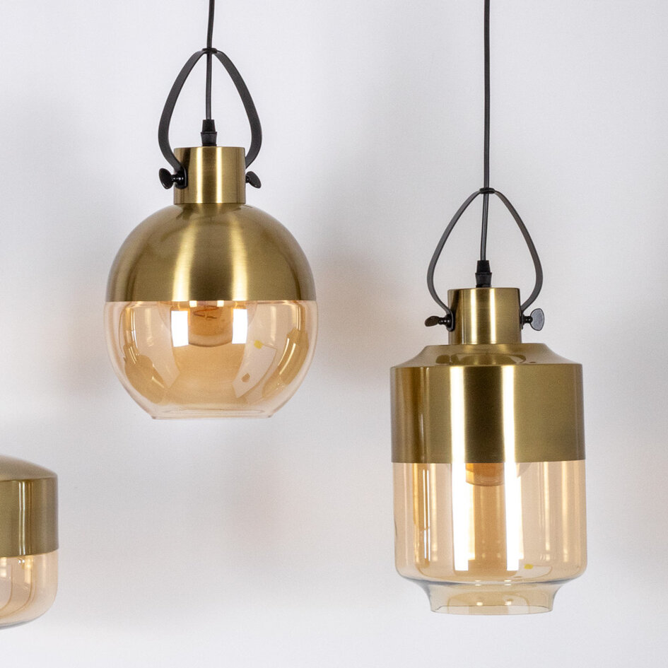 Hanglamp 4-lichts met bronzen details en amber glas - Laure