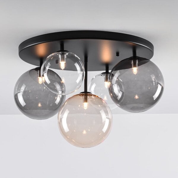 5-lichts plafondlamp Lumose - smoke, amber en transparant glas