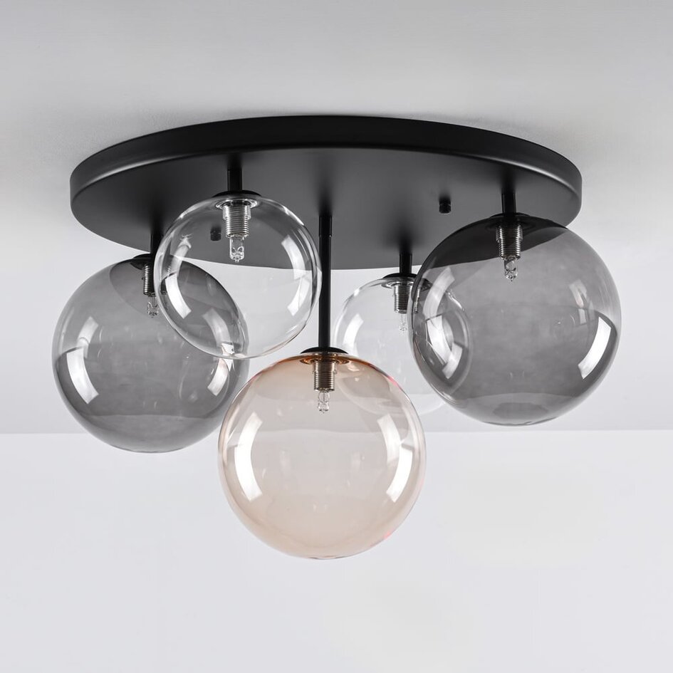 Plafondlamp Lumose 5-lichts met diverse glazen bollen