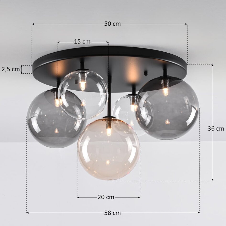 Plafonnier Lumose 5 lumières avec différentes boules de verre