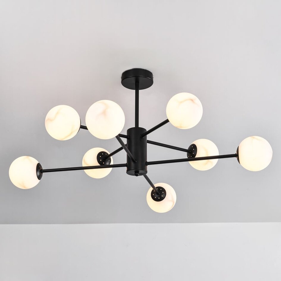 Design plafondlamp mat zwart met marmerlook bollen, 8-lichts - Idaho