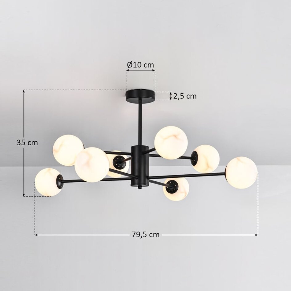 Design plafondlamp mat zwart met marmerlook bollen, 8-lichts - Idaho